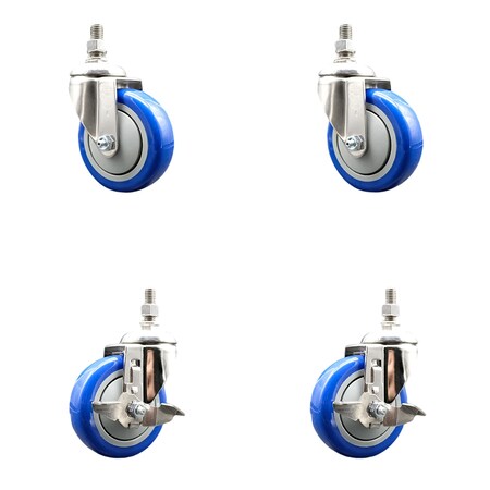 Service Caster 4 Inch 316SS Blue Polyurethane Swivel 10mm Threaded Stem Caster Brake, 2PK SS316TS20S414-PPUB-BLUE-M1015-2-TLB2